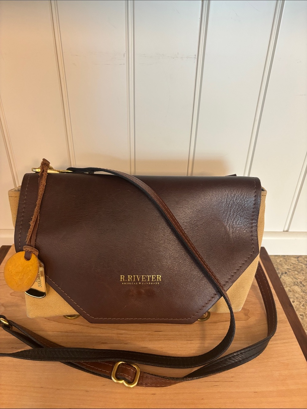 R. Riveter Brown Leather & Tan Canvas Patton Crossbody Bag USA  Handcrafted